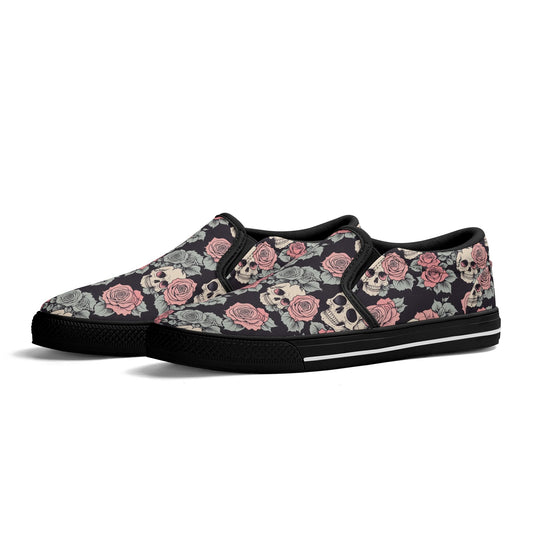 Mens Skull and Pink Rose Rubber Slip On Shoes DeRose Seasonal