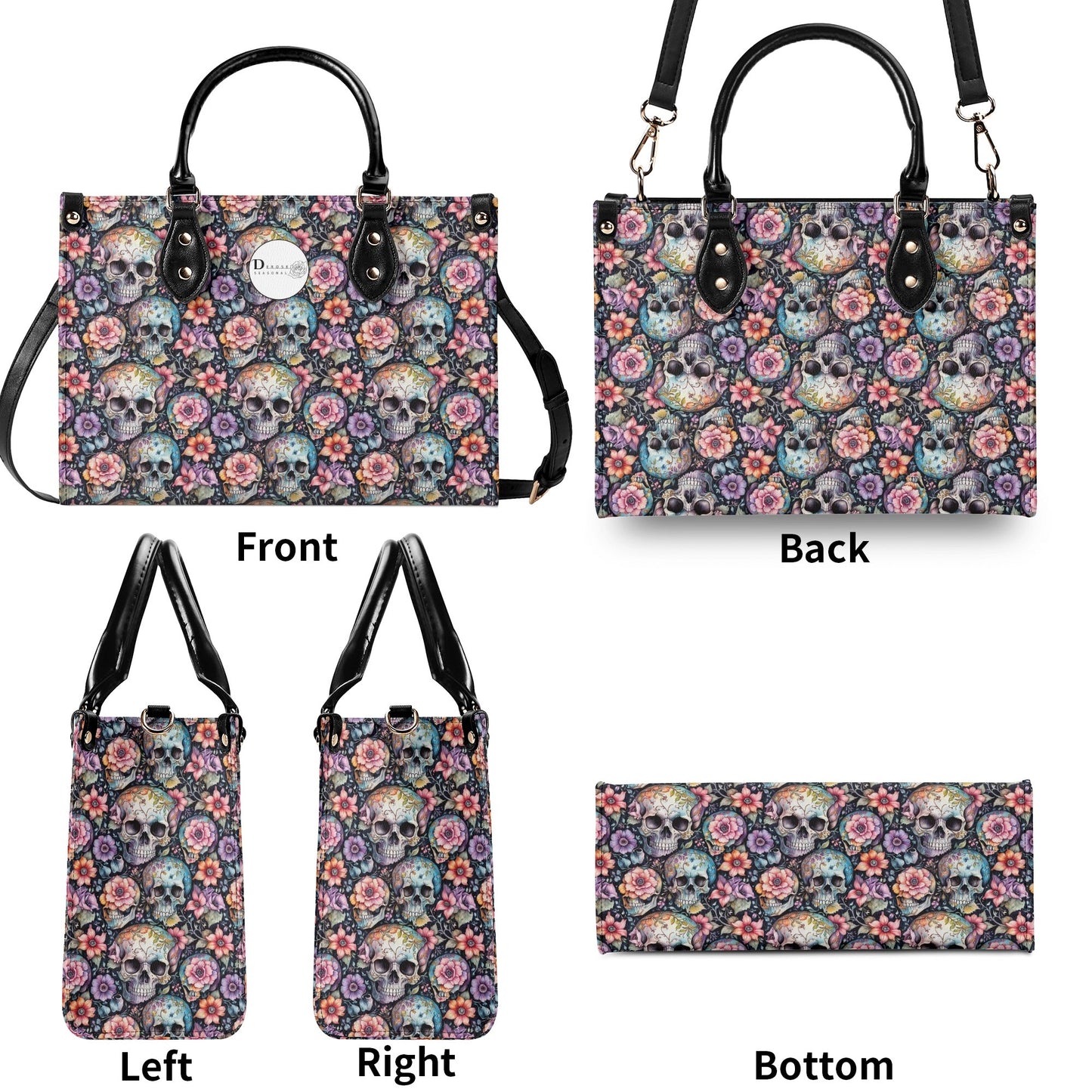 Pastel Floral and Skulls Luxury Women Leather Handbag DeRose Seasonal