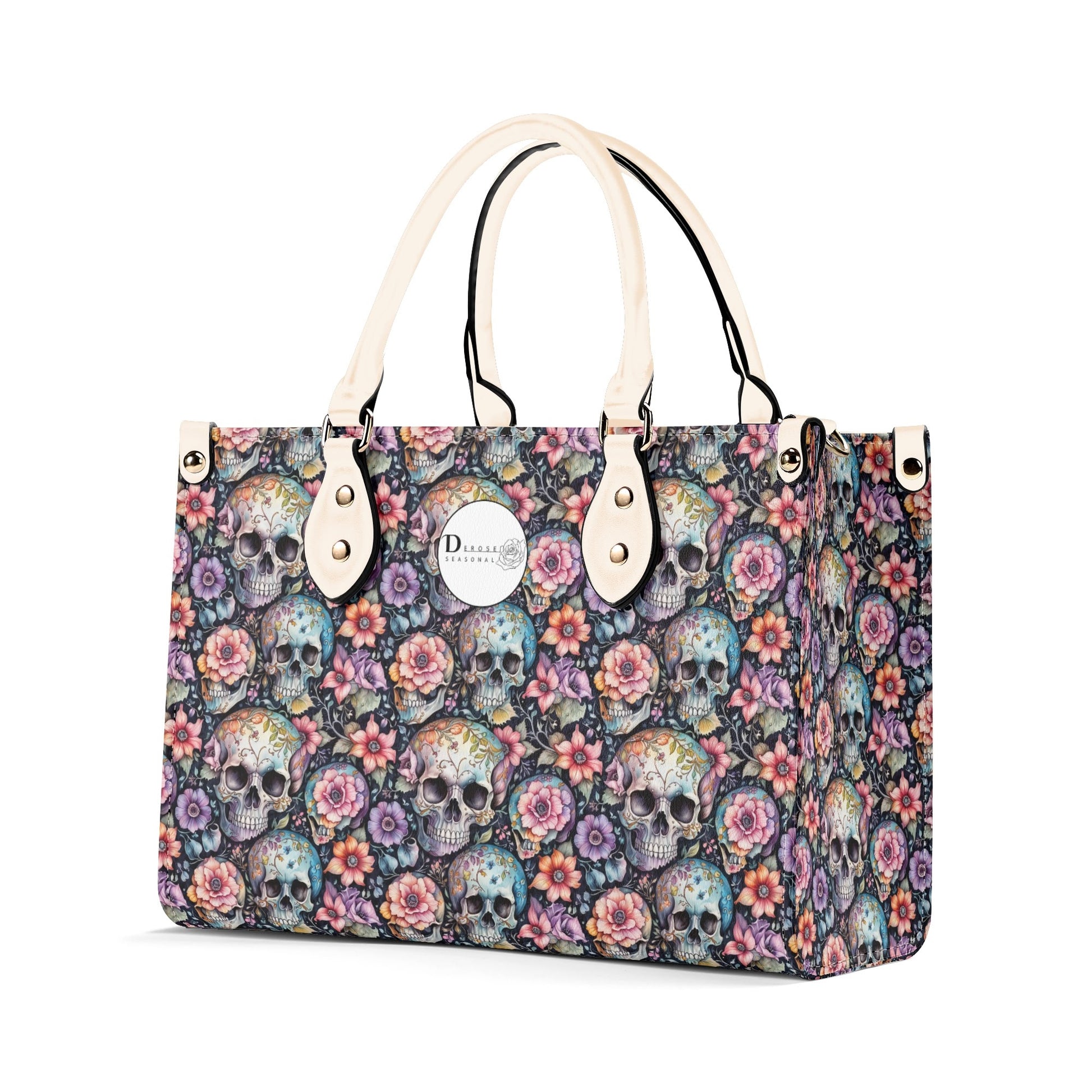 Pastel Floral and Skulls Luxury Women Leather Handbag DeRose Seasonal