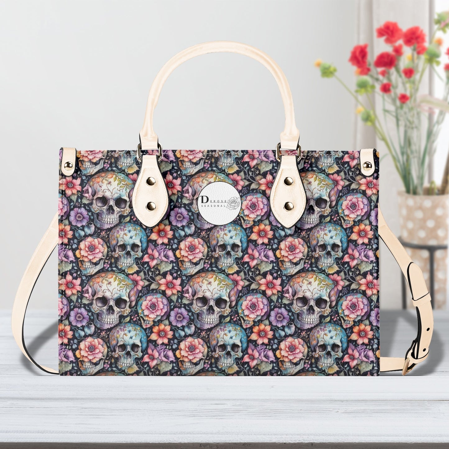 Pastel Floral and Skulls Luxury Women Leather Handbag DeRose Seasonal