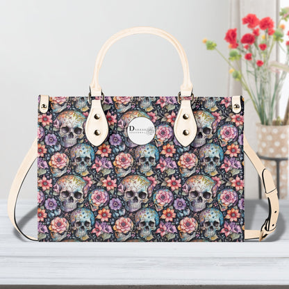 Pastel Floral and Skulls Luxury Women Leather Handbag DeRose Seasonal