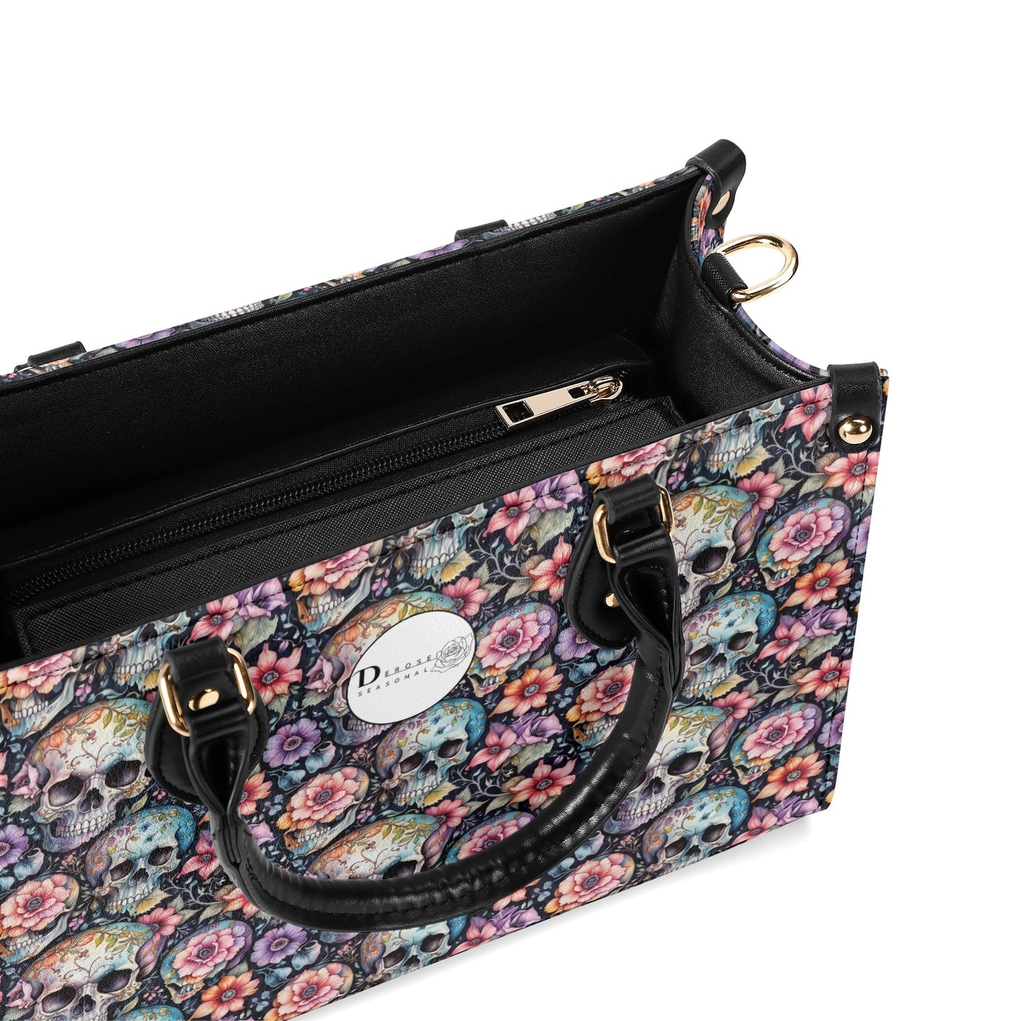 Pastel Floral and Skulls Luxury Women Leather Handbag DeRose Seasonal