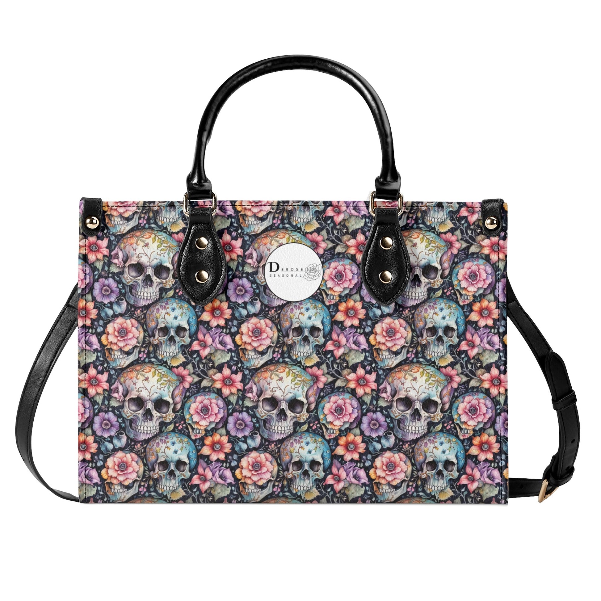 Pastel Floral and Skulls Luxury Women Leather Handbag DeRose Seasonal