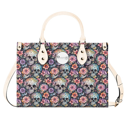 Pastel Floral and Skulls Luxury Women Leather Handbag DeRose Seasonal