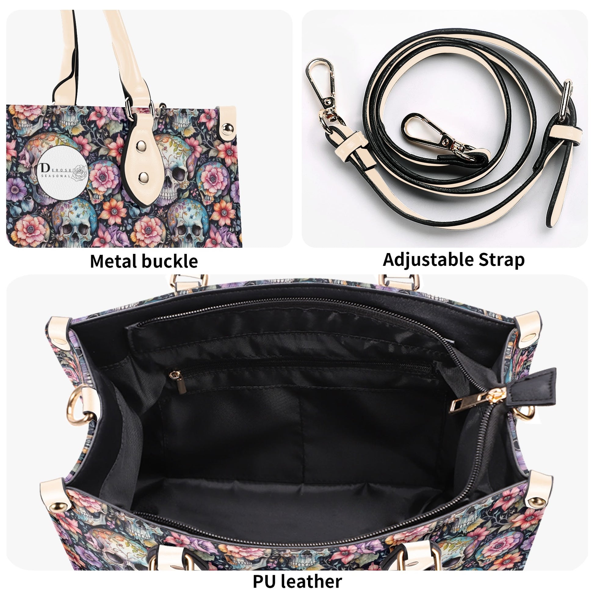 Pastel Floral and Skulls Luxury Women Leather Handbag DeRose Seasonal