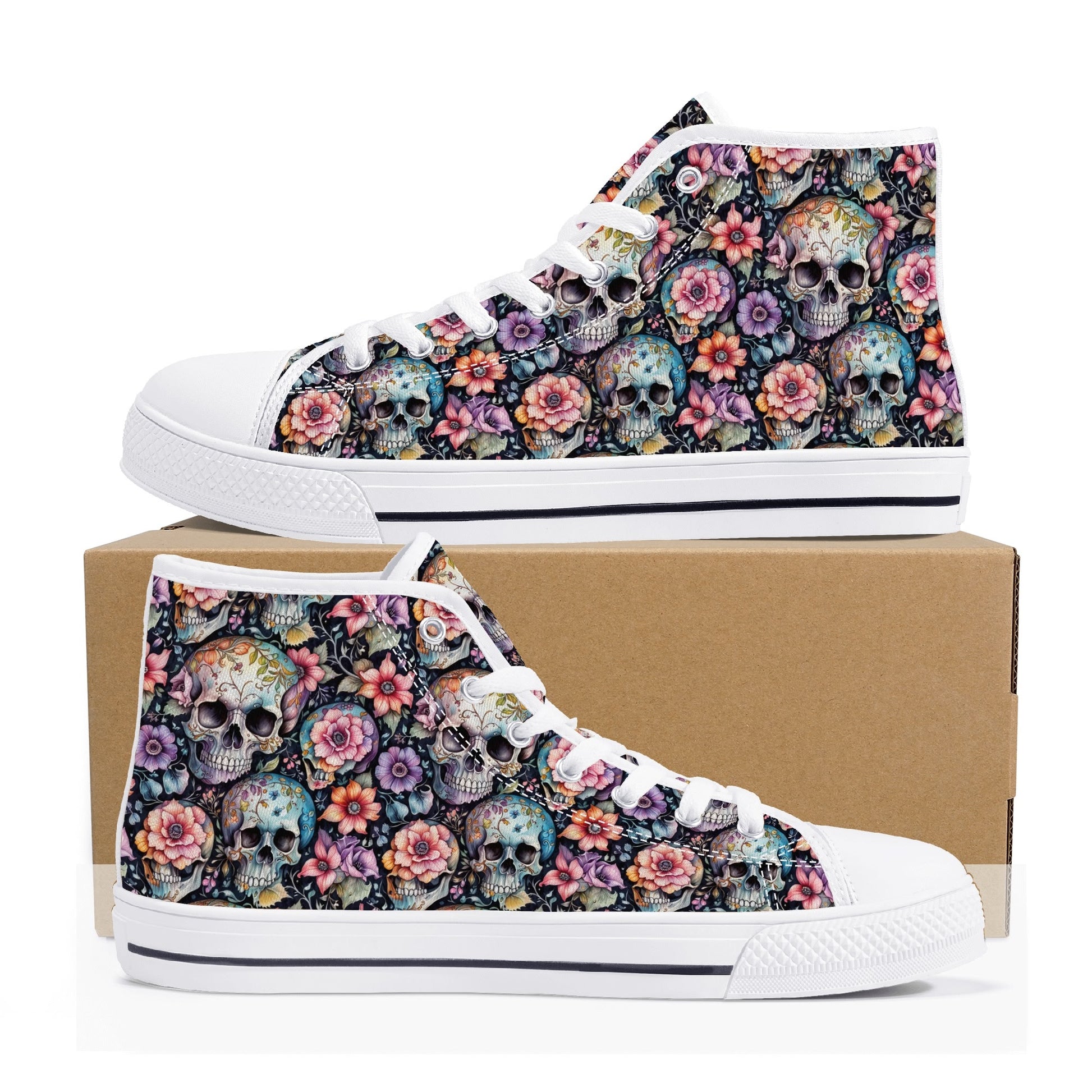 Pastel Floral and Skulls Mens High Top Canvas Shoes DeRose Seasonal