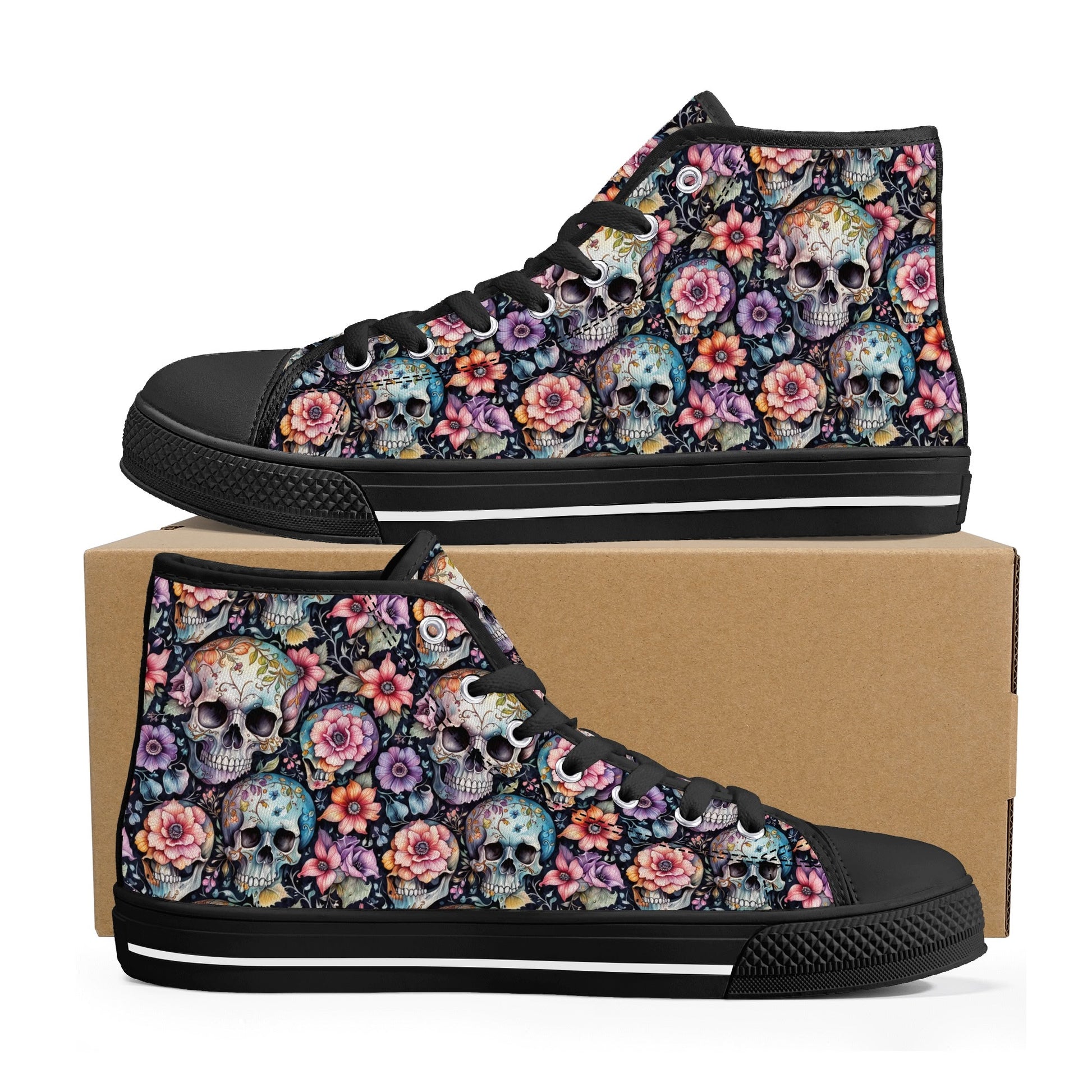 Pastel Floral and Skulls Mens High Top Canvas Shoes DeRose Seasonal