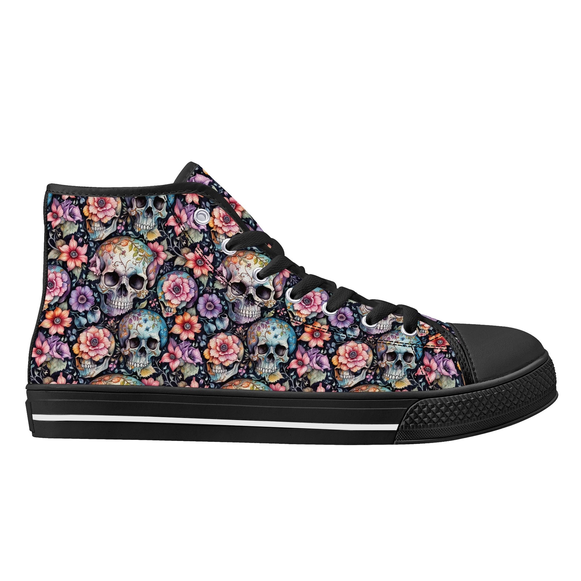 Pastel Floral and Skulls Womens High Top Canvas Shoes DeRose Seasonal