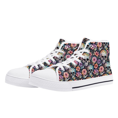 Pastel Floral and Skulls Womens High Top Canvas Shoes DeRose Seasonal