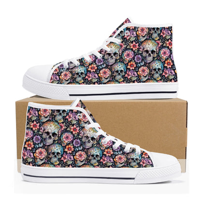 Pastel Floral and Skulls Womens High Top Canvas Shoes DeRose Seasonal