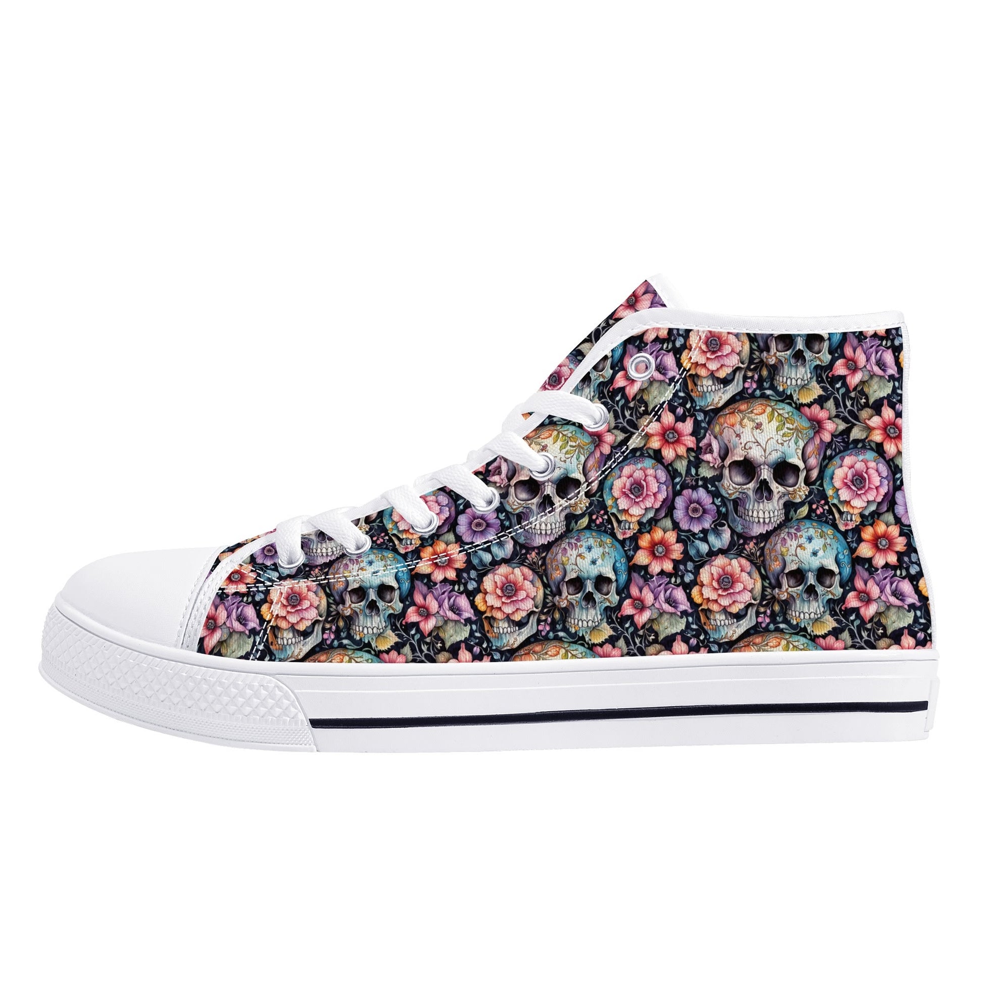 Pastel Floral and Skulls Womens High Top Canvas Shoes DeRose Seasonal