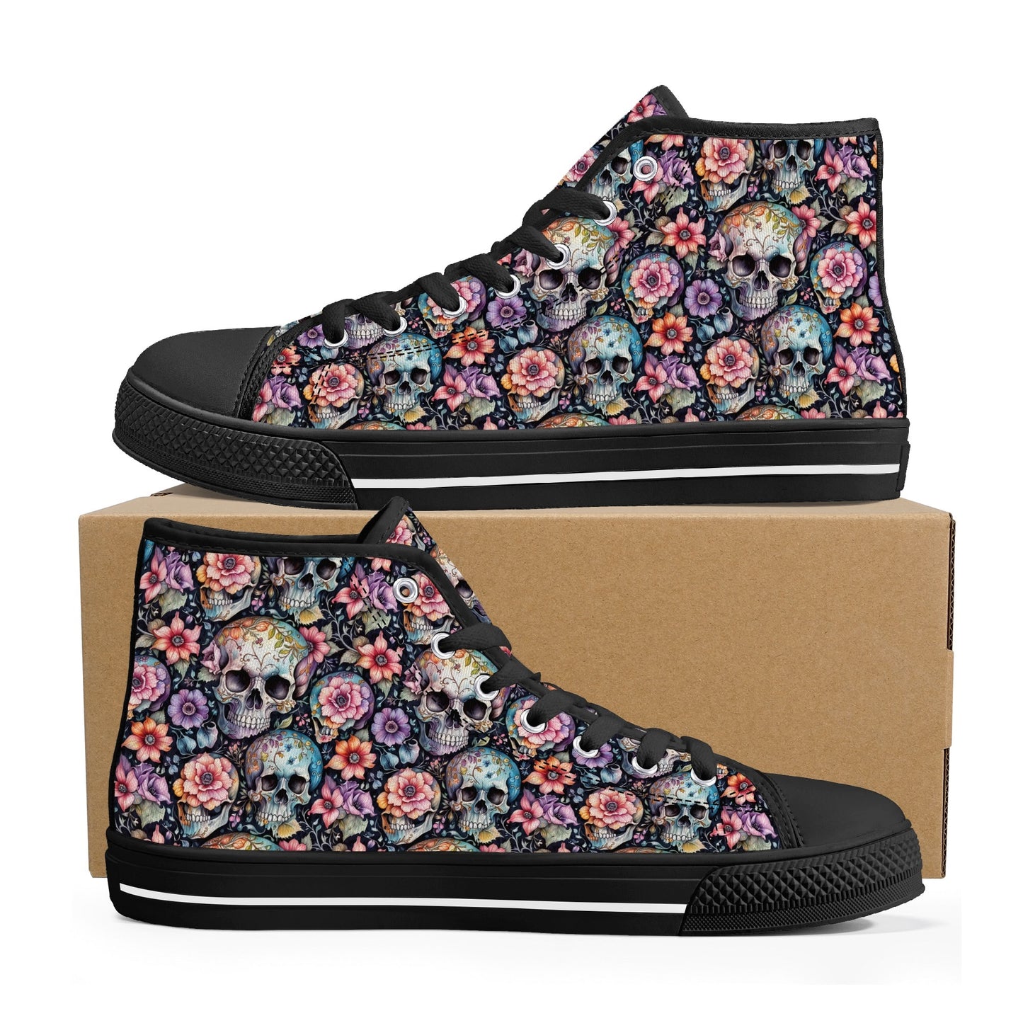 Pastel Floral and Skulls Womens High Top Canvas Shoes DeRose Seasonal