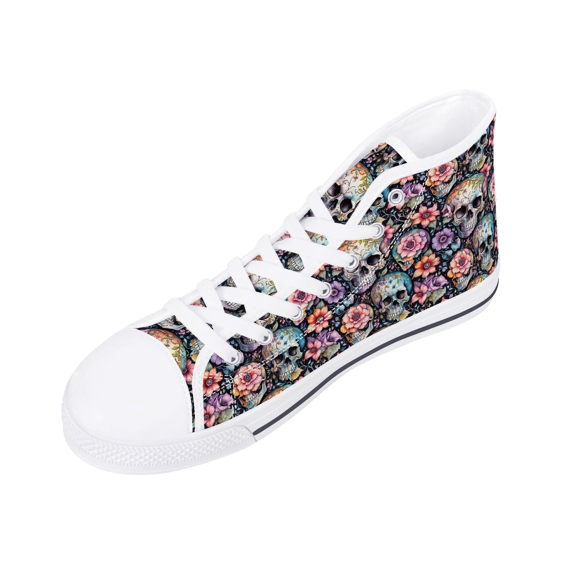 Pastel Floral and Skulls Womens High Top Canvas Shoes DeRose Seasonal