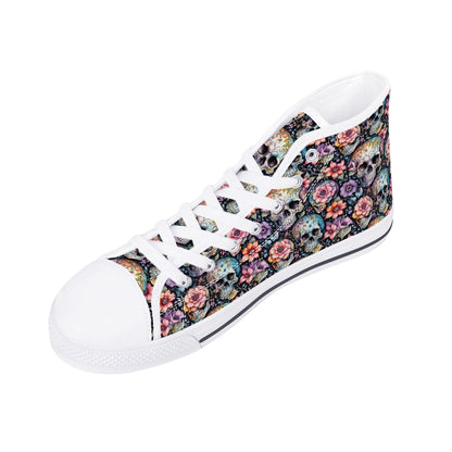 Pastel Floral and Skulls Womens High Top Canvas Shoes DeRose Seasonal