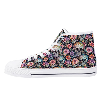 Pastel Floral and Skulls Womens High Top Canvas Shoes DeRose Seasonal