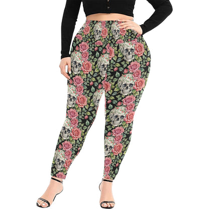 Pink Skulls Women's Plus Size High Waited Leggings Women's High Waist Leggings(Plus Size)(ModelL45) DeRose Seasonal