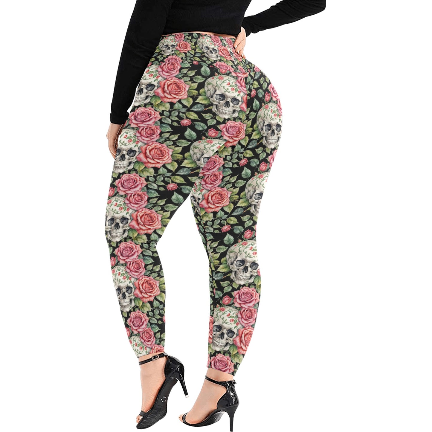 Pink Skulls Women's Plus Size High Waited Leggings Women's High Waist Leggings(Plus Size)(ModelL45) DeRose Seasonal