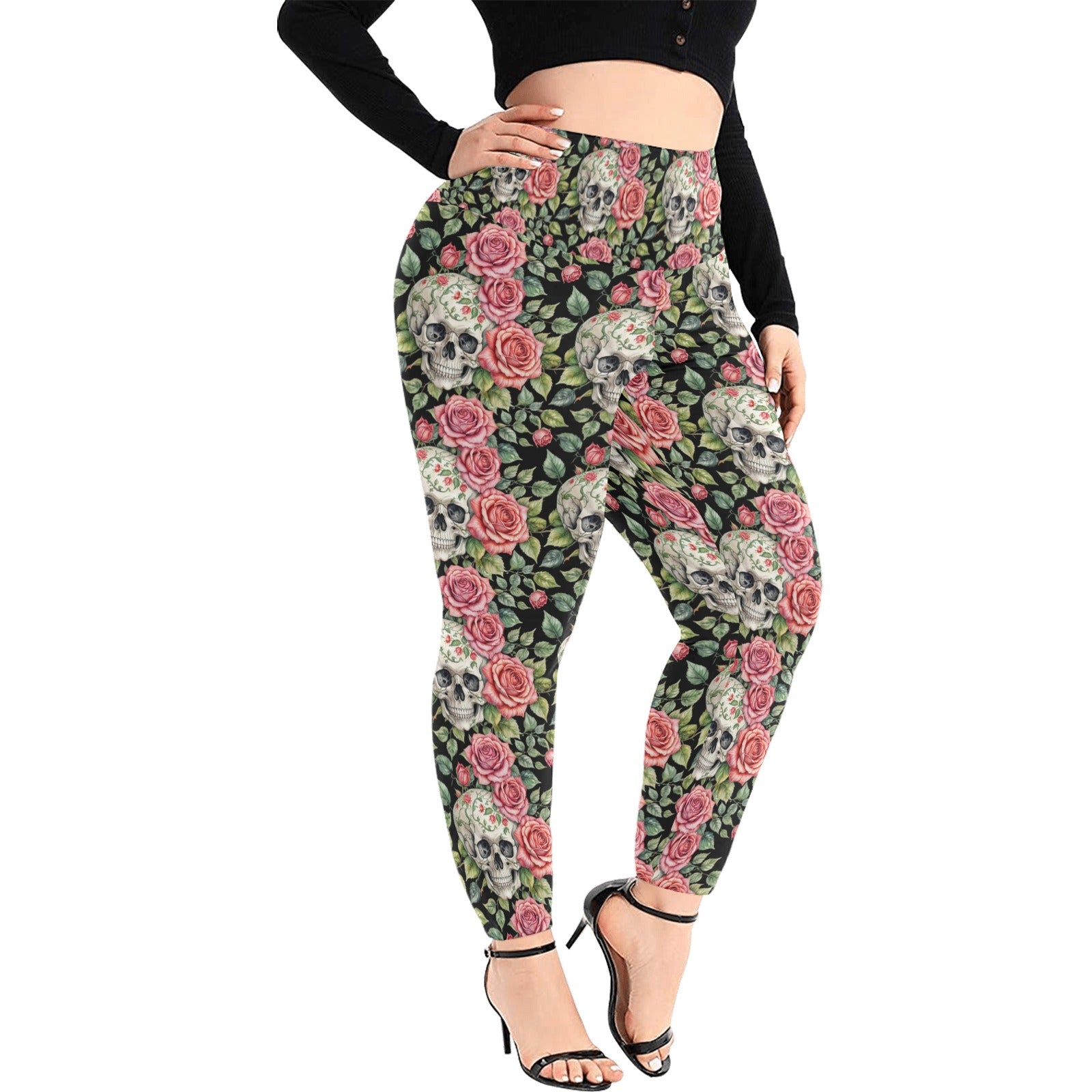 Pink Skulls Women's Plus Size High Waited Leggings Women's High Waist Leggings(Plus Size)(ModelL45) DeRose Seasonal