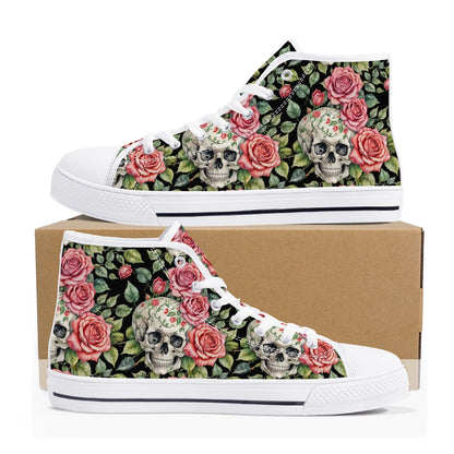 Pink Skulls Womens High Top Canvas Shoes DeRose Seasonal