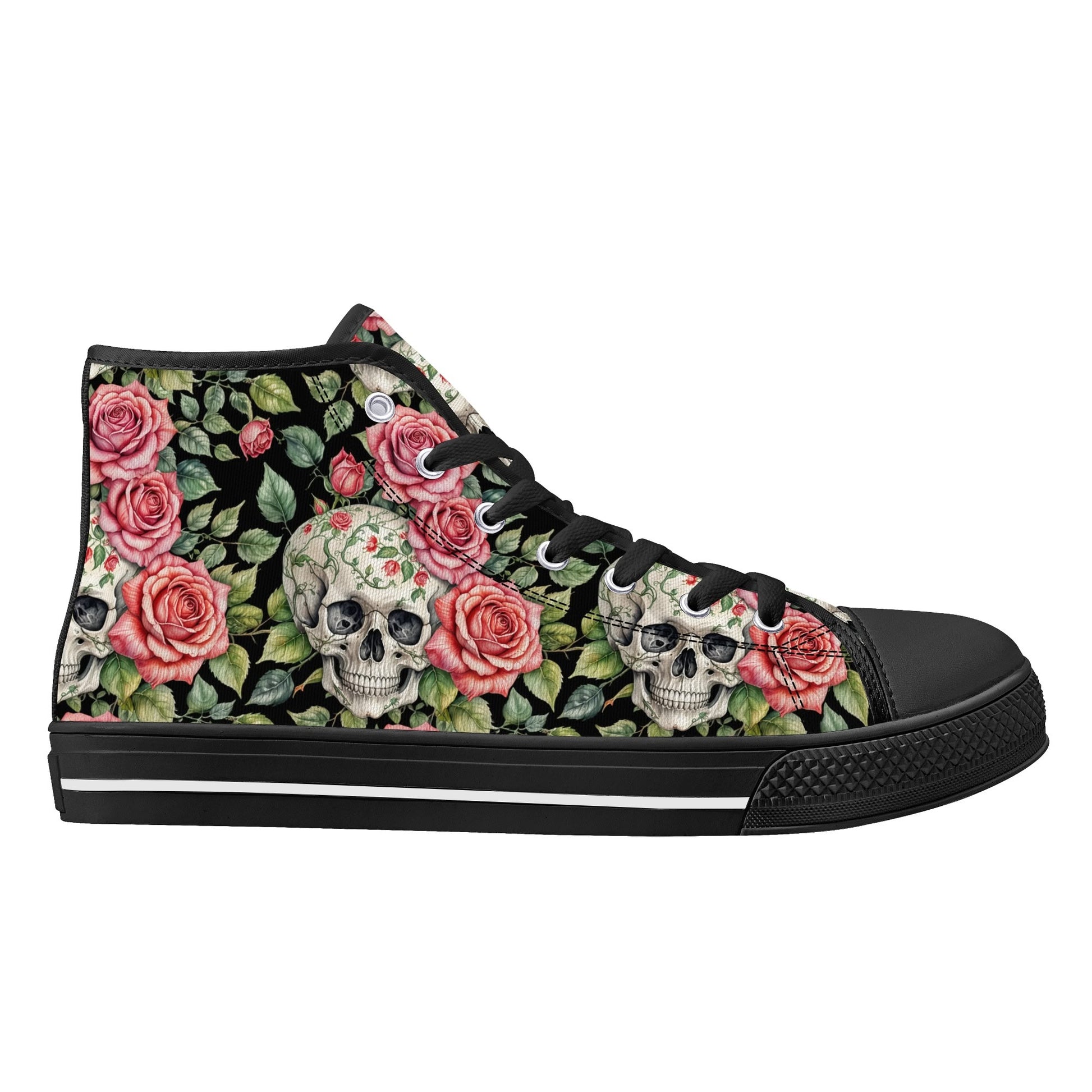 Pink Skulls Womens High Top Canvas Shoes DeRose Seasonal