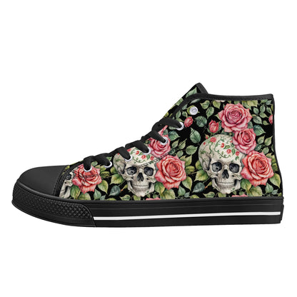 Pink Skulls Womens High Top Canvas Shoes DeRose Seasonal