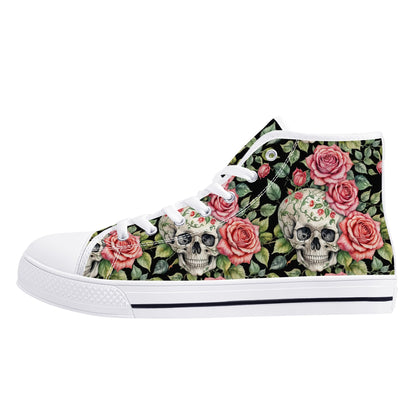 Pink Skulls Womens High Top Canvas Shoes DeRose Seasonal