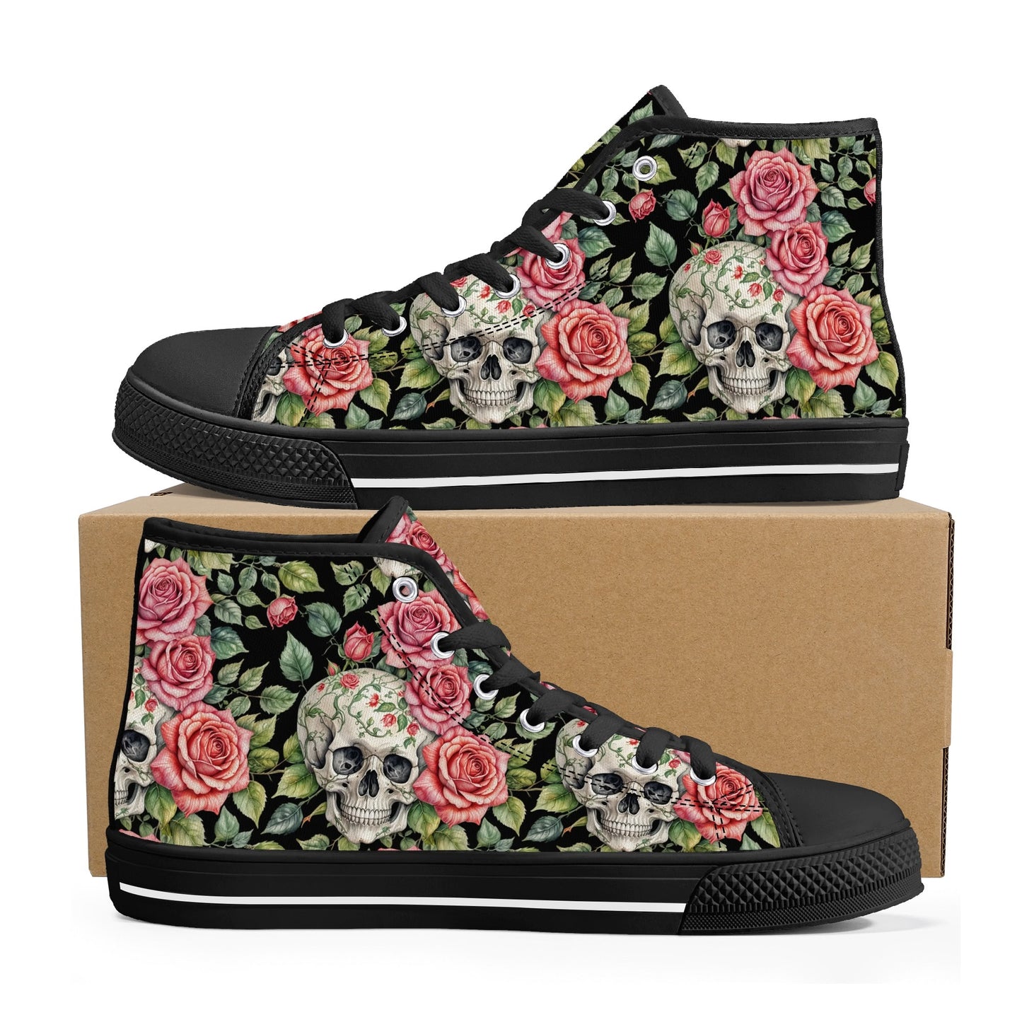 Pink Skulls Womens High Top Canvas Shoes DeRose Seasonal