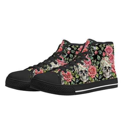 Pink Skulls Womens High Top Canvas Shoes DeRose Seasonal