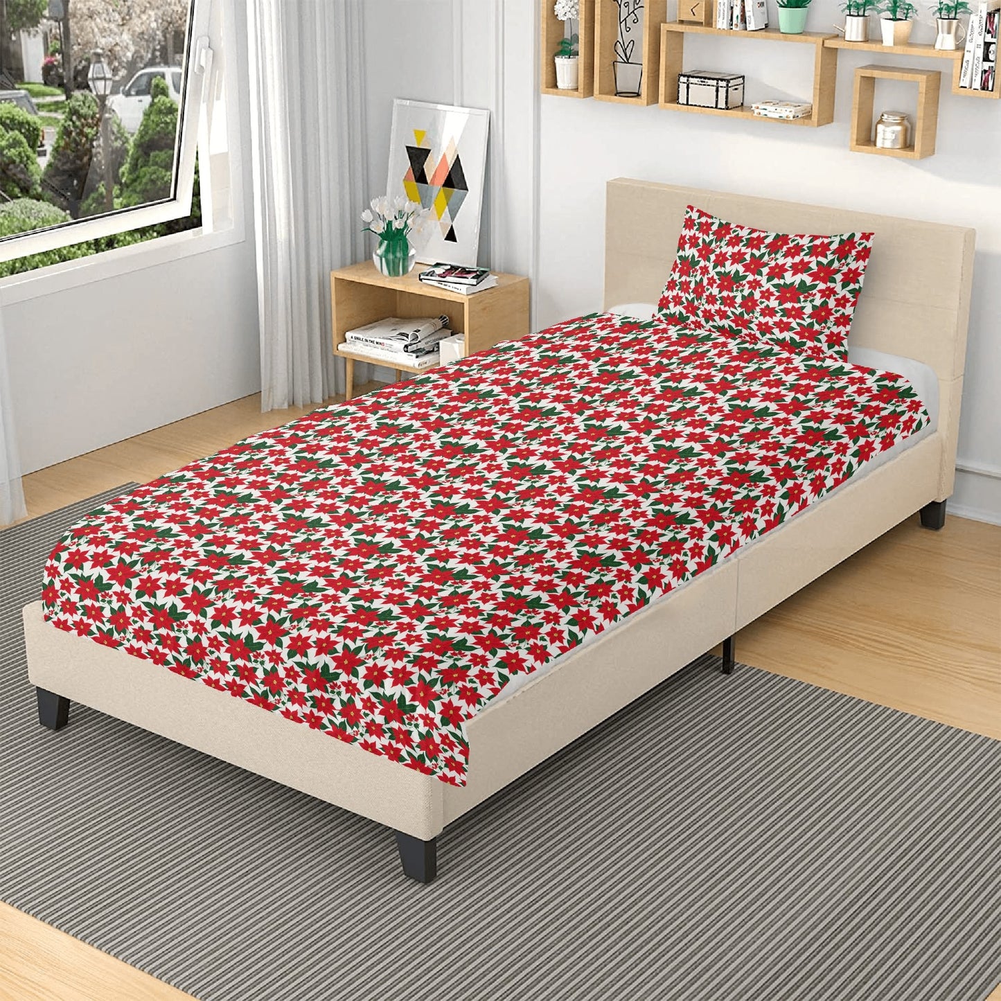 Poinsettia Floral 3 Pcs Beddings DeRose Seasonal