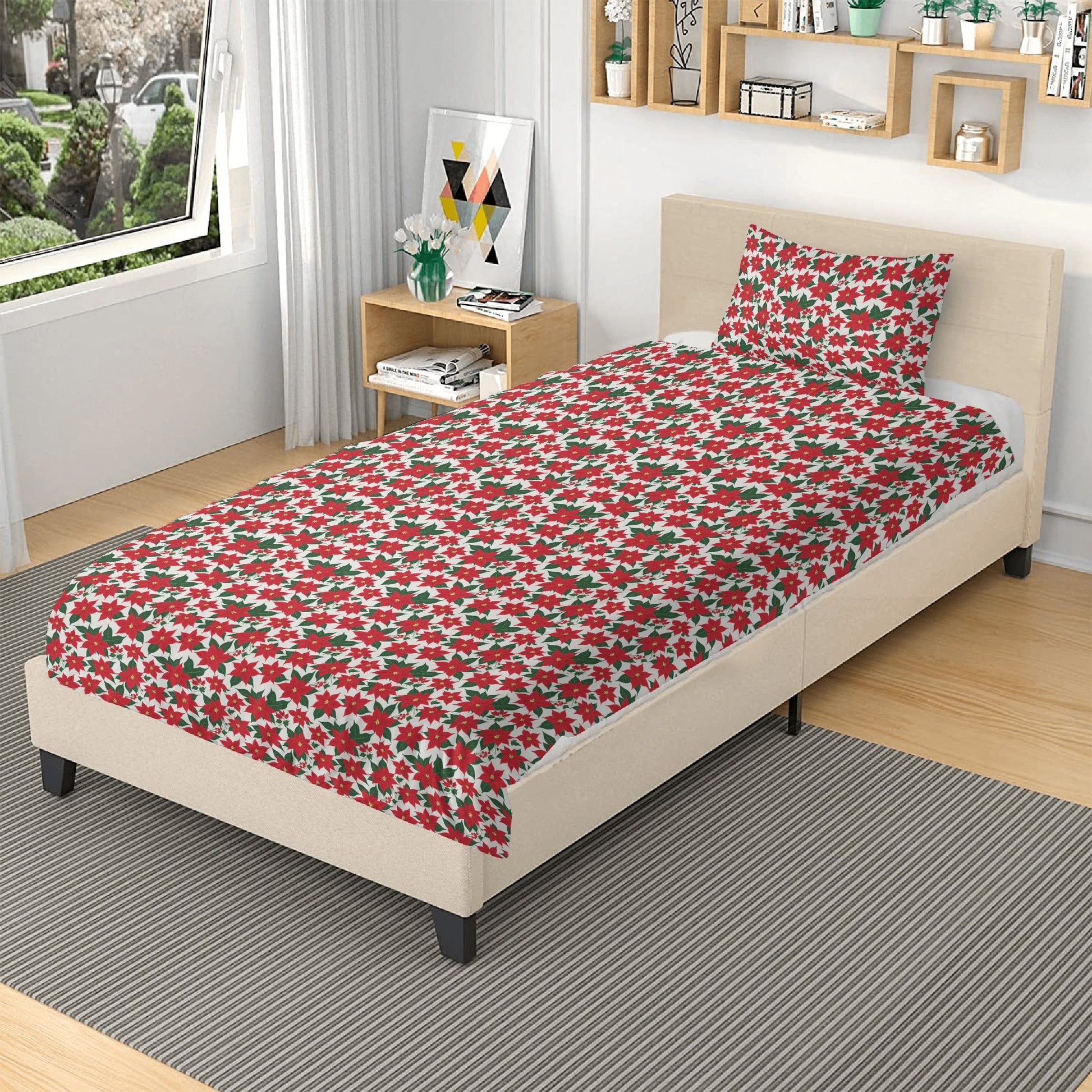 Poinsettia Floral 3 Pcs Beddings DeRose Seasonal