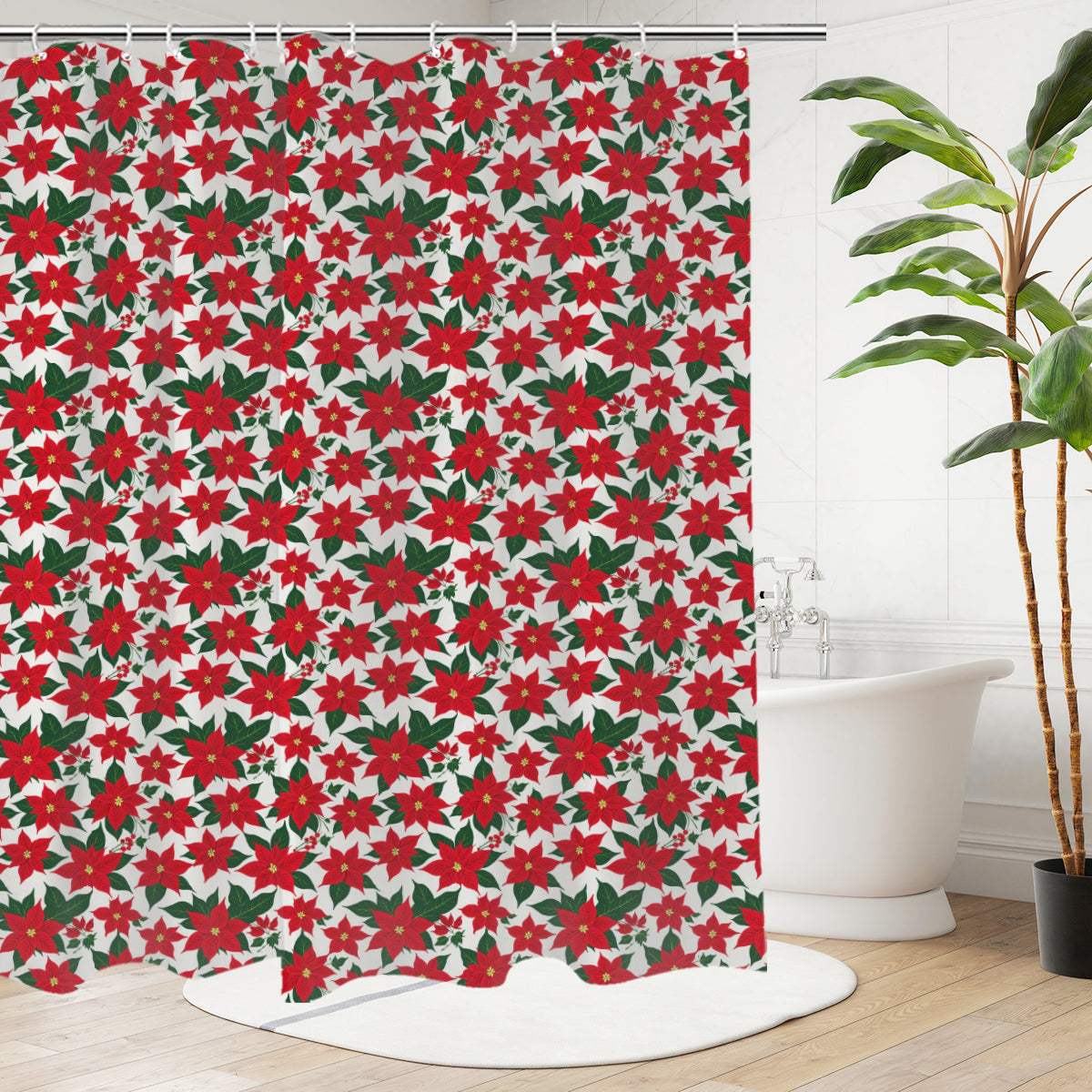 Poinsettia Floral Bathroom Four-Piece Set(Shower Curtain + Toilet Cover Mat + Toilet Foot Mat + Floor Mat)| Polyester DeRose Seasonal