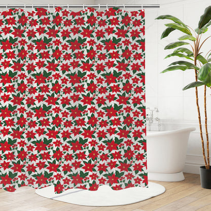 Poinsettia Floral Bathroom Four-Piece Set(Shower Curtain + Toilet Cover Mat + Toilet Foot Mat + Floor Mat)| Polyester DeRose Seasonal