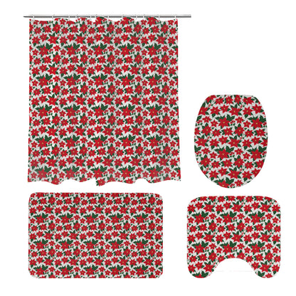 Poinsettia Floral Bathroom Four-Piece Set(Shower Curtain + Toilet Cover Mat + Toilet Foot Mat + Floor Mat)| Polyester DeRose Seasonal