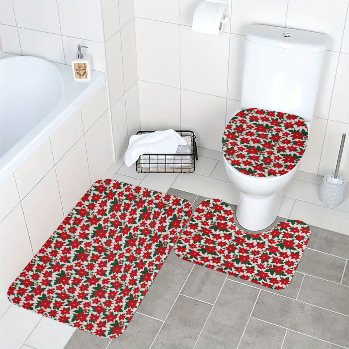 Poinsettia Floral Bathroom Four-Piece Set(Shower Curtain + Toilet Cover Mat + Toilet Foot Mat + Floor Mat)| Polyester DeRose Seasonal