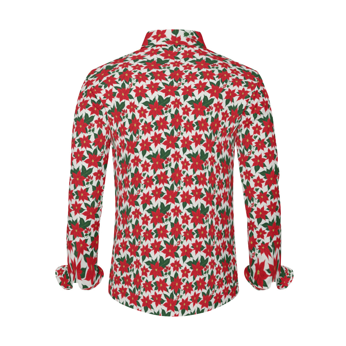 Poinsettia Floral Men's Classic Long-Sleeved Button up Polyester Dress Shirt DeRose Seasonal