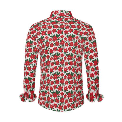 Poinsettia Floral Men's Classic Long-Sleeved Button up Polyester Dress Shirt DeRose Seasonal