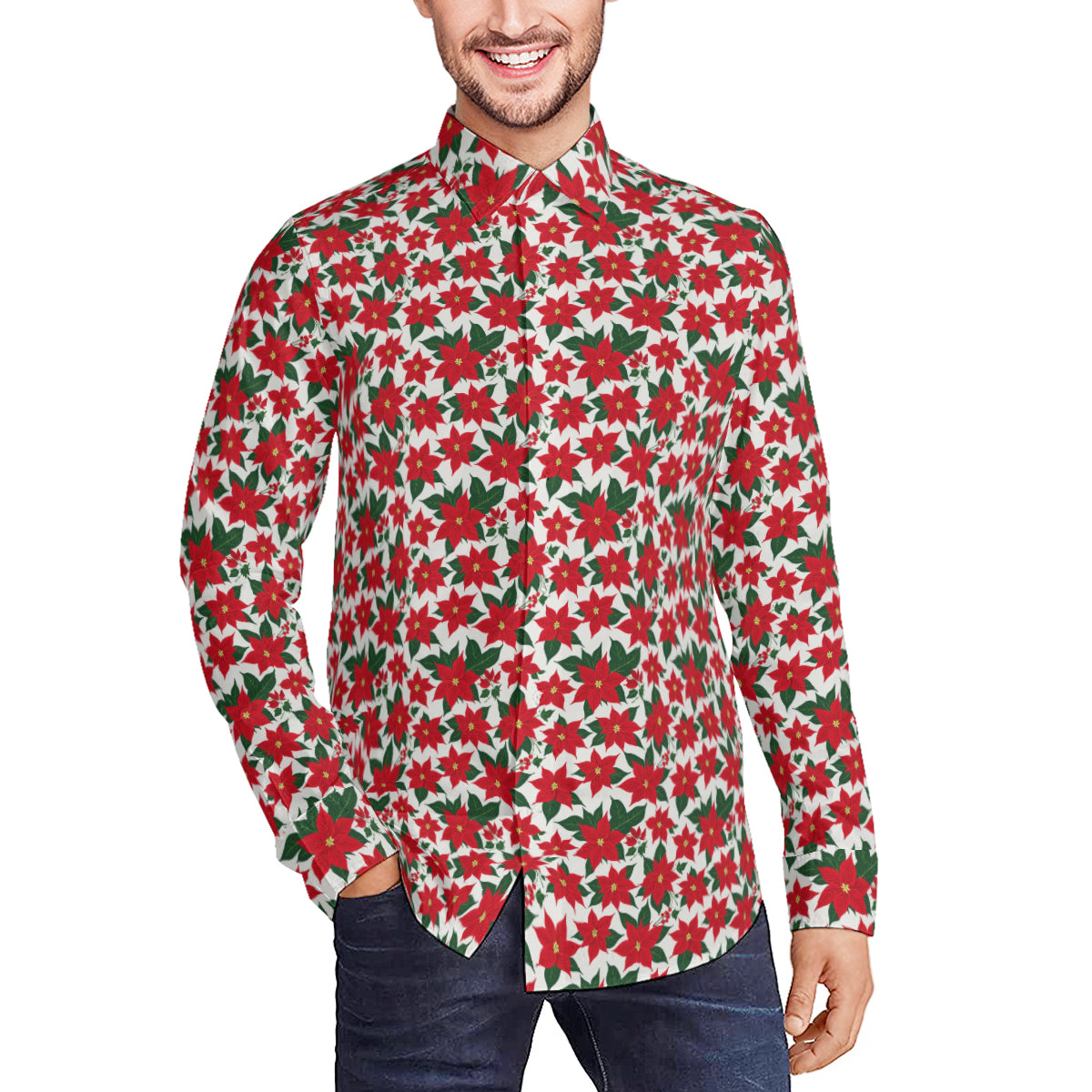 Poinsettia Floral Men's Classic Long-Sleeved Button up Polyester Dress Shirt DeRose Seasonal