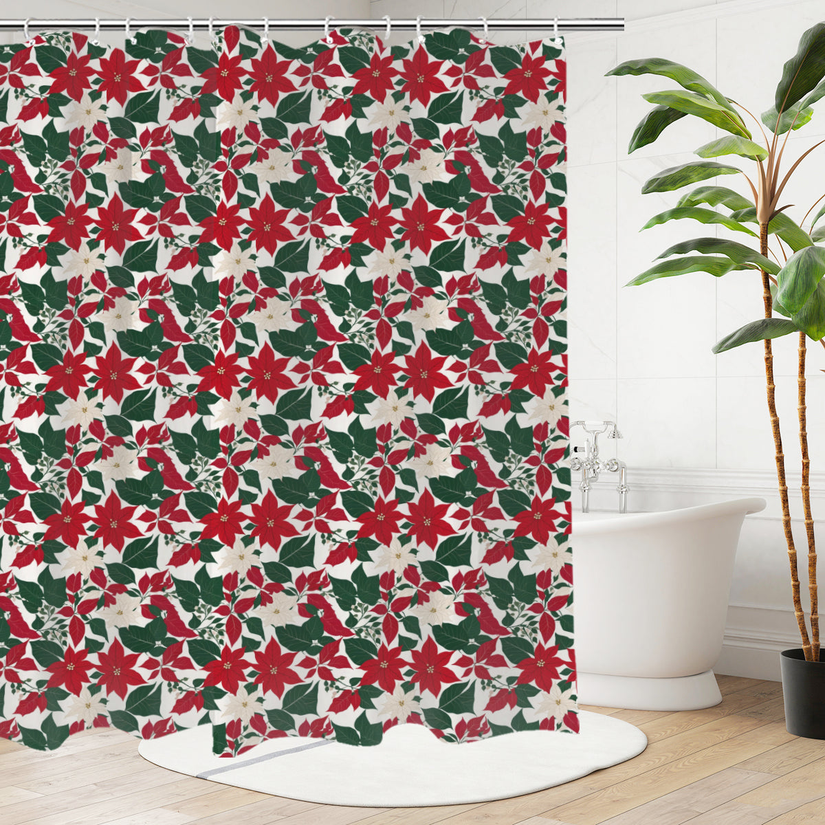 Red and White Poinsettia Flower Bathroom Four-Piece Set(Shower Curtain + Toilet Cover Mat + Toilet Foot Mat + Floor Mat)| Polyester DeRose Seasonal