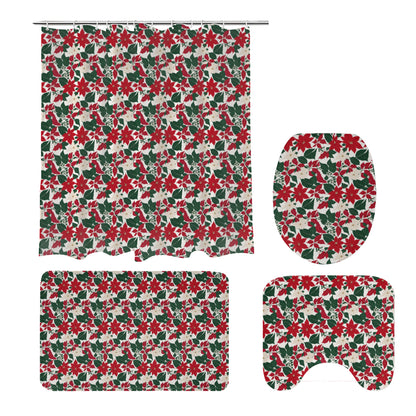 Red and White Poinsettia Flower Bathroom Four-Piece Set(Shower Curtain + Toilet Cover Mat + Toilet Foot Mat + Floor Mat)| Polyester DeRose Seasonal