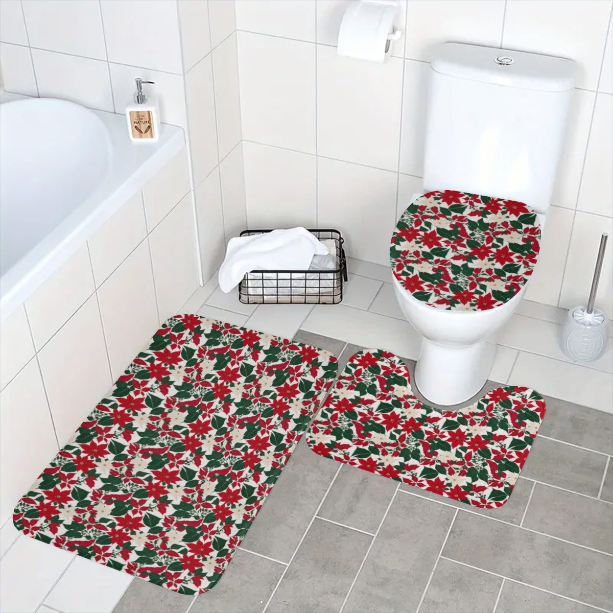 Red and White Poinsettia Flower Bathroom Four-Piece Set(Shower Curtain + Toilet Cover Mat + Toilet Foot Mat + Floor Mat)| Polyester DeRose Seasonal