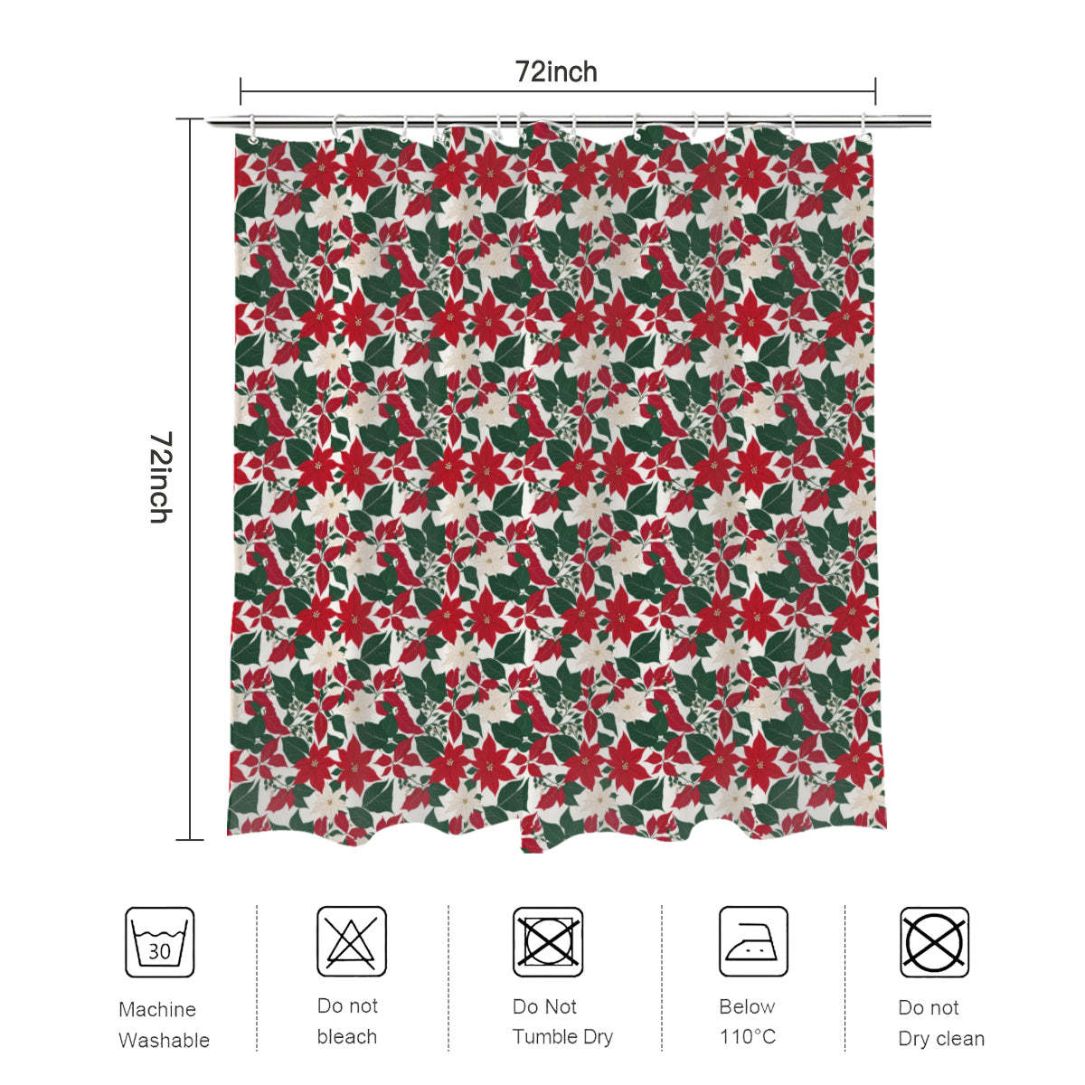 Red and White Poinsettia Flower Bathroom Four-Piece Set(Shower Curtain + Toilet Cover Mat + Toilet Foot Mat + Floor Mat)| Polyester DeRose Seasonal