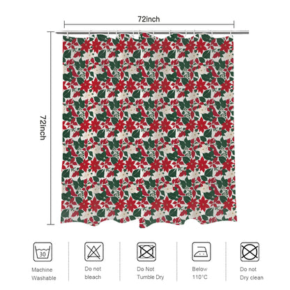 Red and White Poinsettia Flower Bathroom Four-Piece Set(Shower Curtain + Toilet Cover Mat + Toilet Foot Mat + Floor Mat)| Polyester DeRose Seasonal