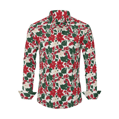 Red and White Poinsettia Flower Men's Classic Long-Sleeved Button up Polyester Dress Shirt DeRose Seasonal