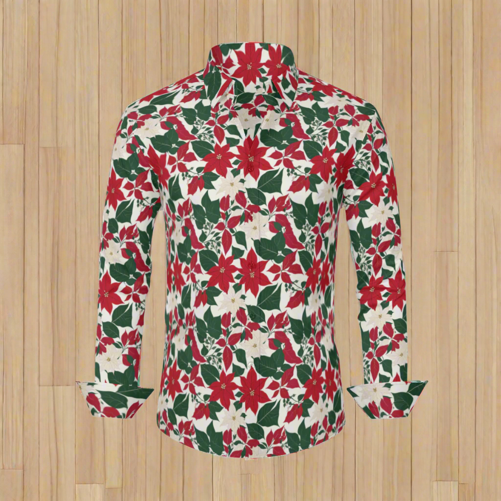 Red and White Poinsettia Flower Men's Classic Long-Sleeved Button up Polyester Dress Shirt