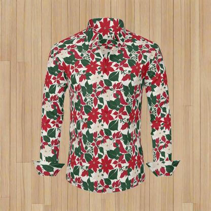 Red and White Poinsettia Flower Men's Classic Long-Sleeved Button up Polyester Dress Shirt