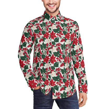 Red and White Poinsettia Flower Men's Classic Long-Sleeved Button up Polyester Dress Shirt DeRose Seasonal