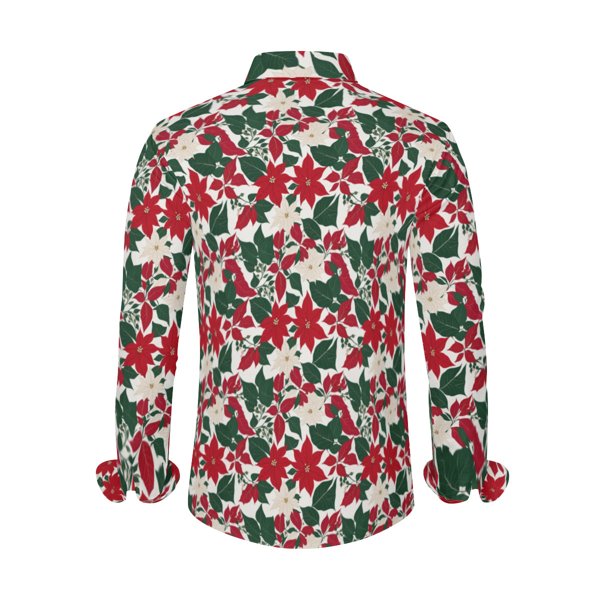 Red and White Poinsettia Flower Men's Classic Long-Sleeved Button up Polyester Dress Shirt DeRose Seasonal