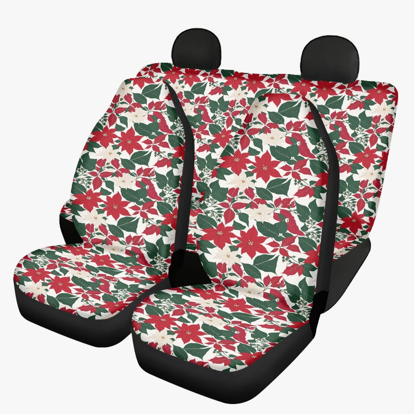 Red and White Poinsettia Flower Microfiber Car Seat Covers - 3Pcs DeRose Seasonal