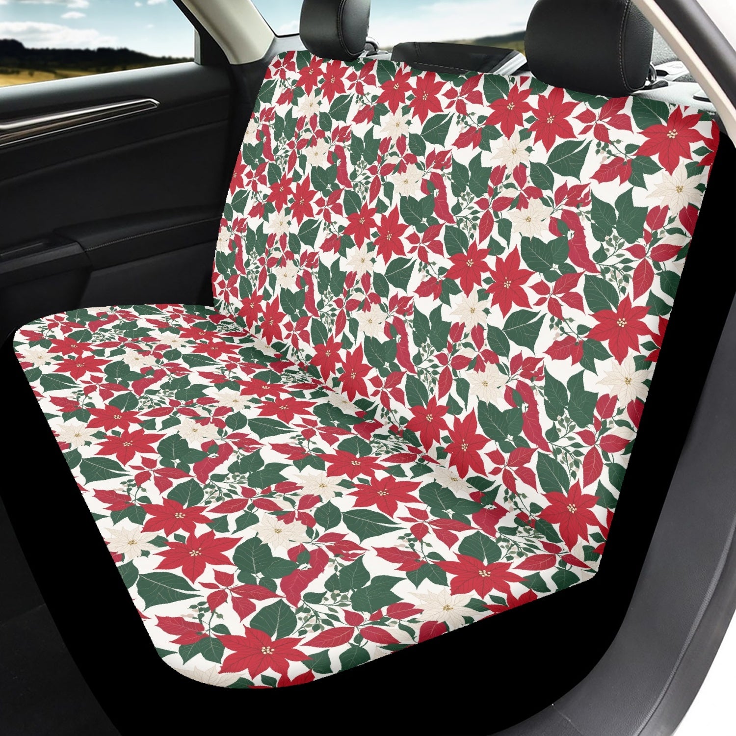 Red and White Poinsettia Flower Microfiber Car Seat Covers - 3Pcs DeRose Seasonal