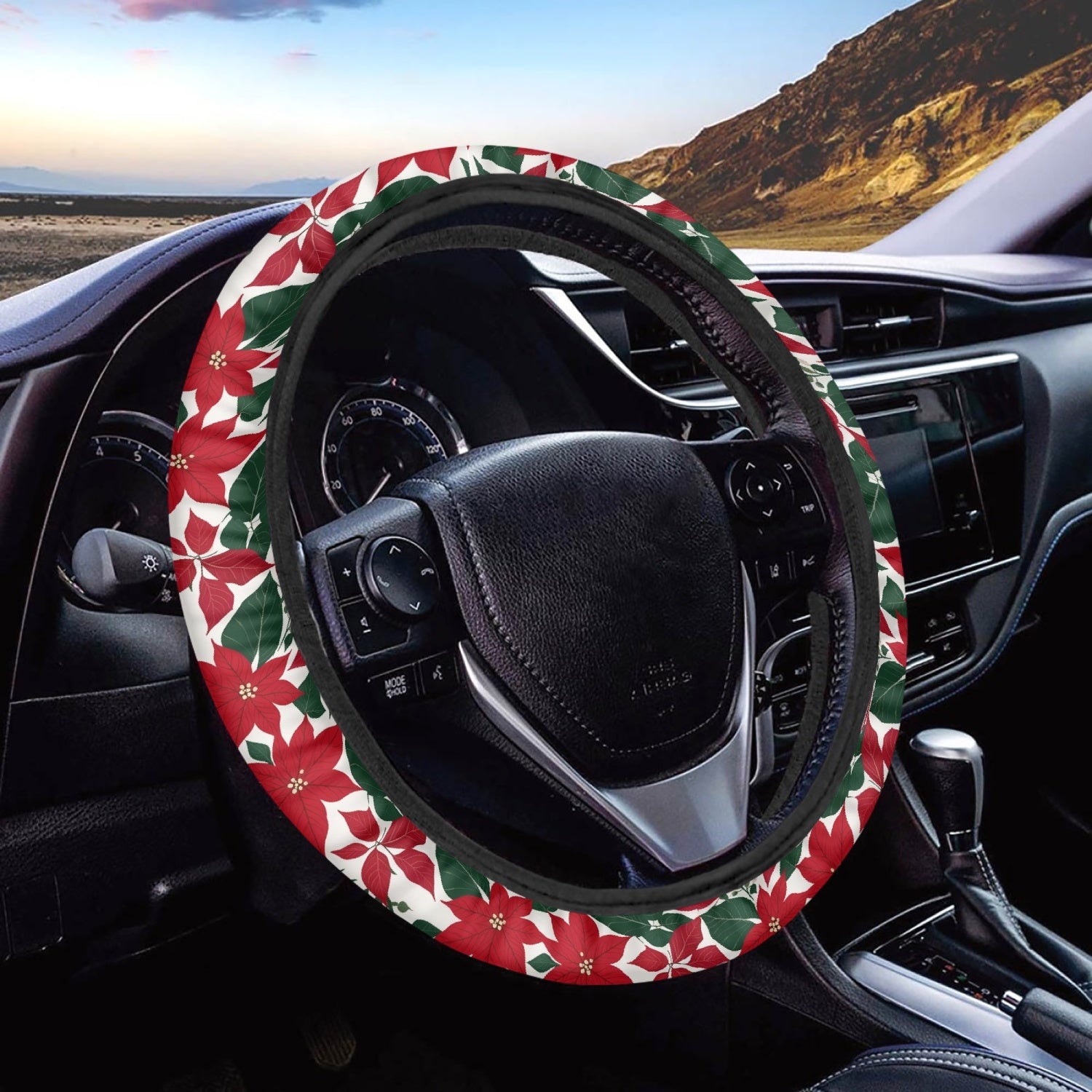 Red and White Poinsettia Flower Steering Wheel Cover DeRose Seasonal